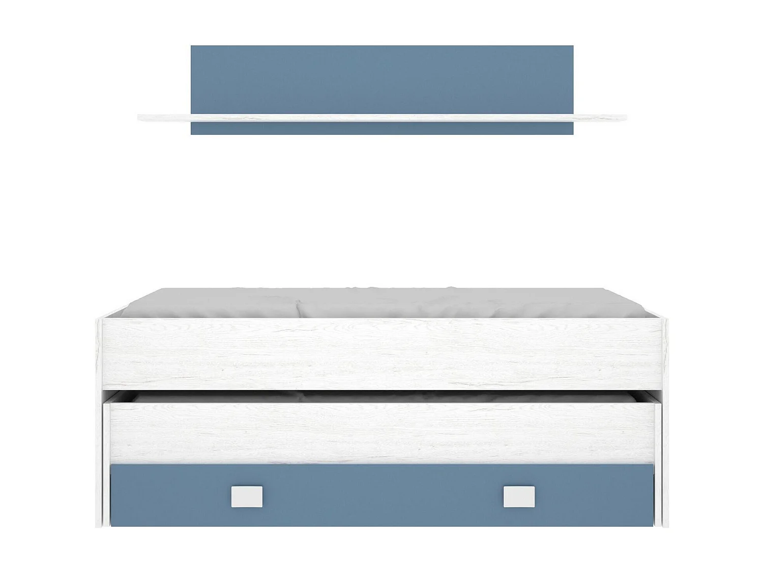Lit enfant Dlicat, Structure avec deuxième lit extractible, Lit simple pour chambre avec 1 tiroir et étagère, 200x99h74 cm, Blanc et Bleu