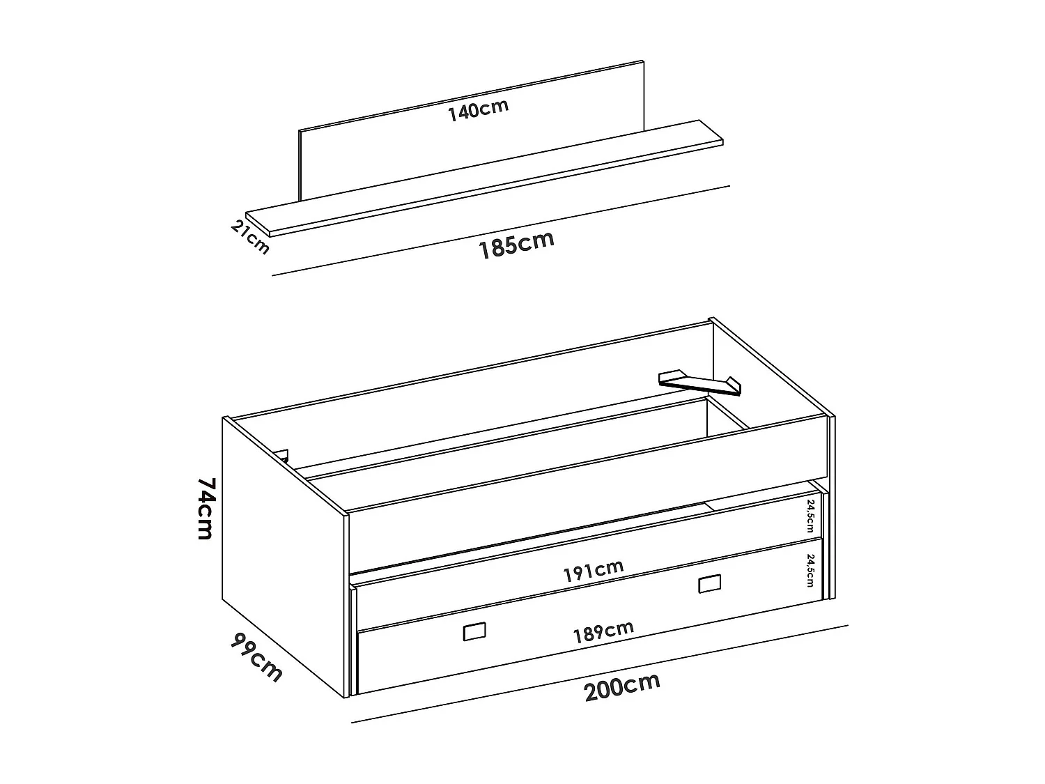 Lit enfant Dlicat, Structure avec deuxième lit extractible, Lit simple pour chambre avec 1 tiroir et étagère, 200x99h74 cm, Blanc et Bleu