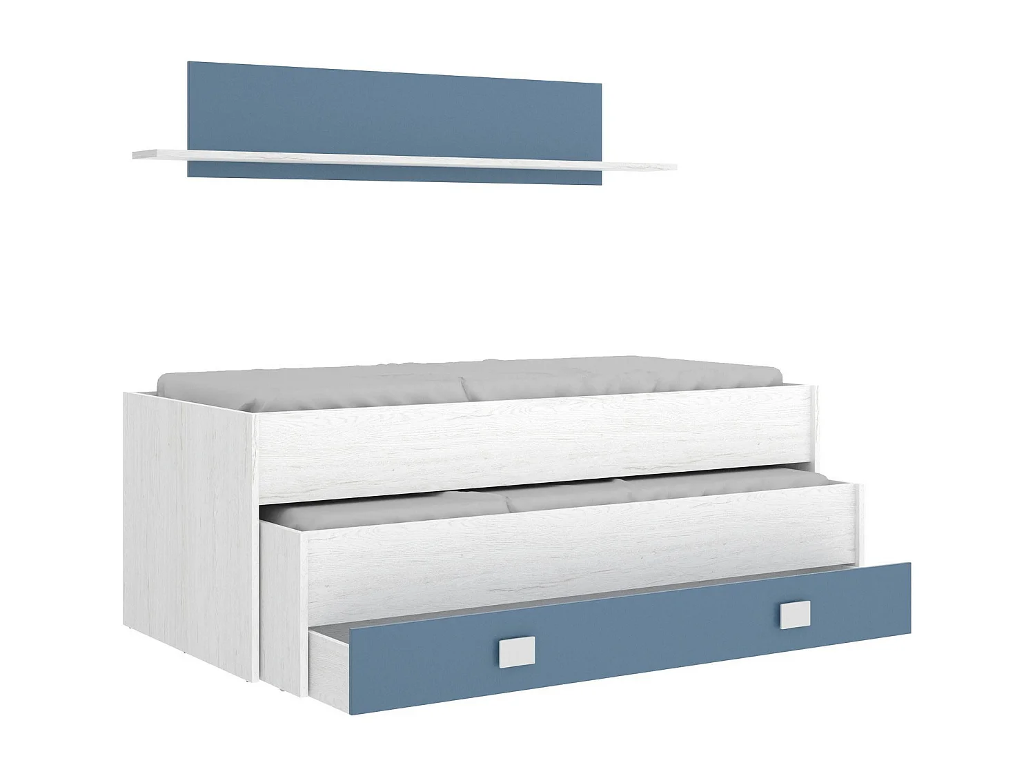 Lit enfant Dlicat, Structure avec deuxième lit extractible, Lit simple pour chambre avec 1 tiroir et étagère, 200x99h74 cm, Blanc et Bleu