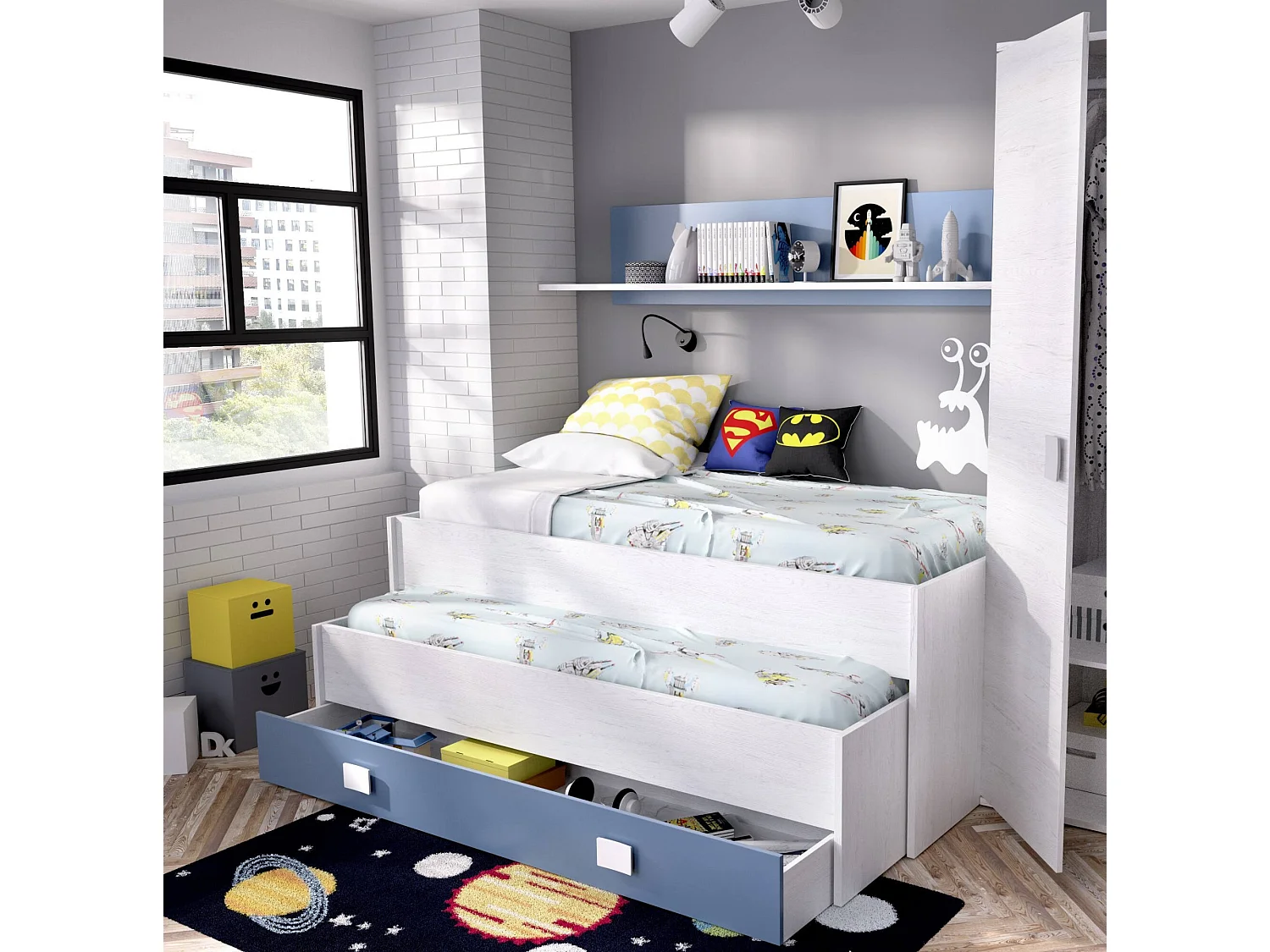 Lit enfant Dlicat, Structure avec deuxième lit extractible, Lit simple pour chambre avec 1 tiroir et étagère, 200x99h74 cm, Blanc et Bleu