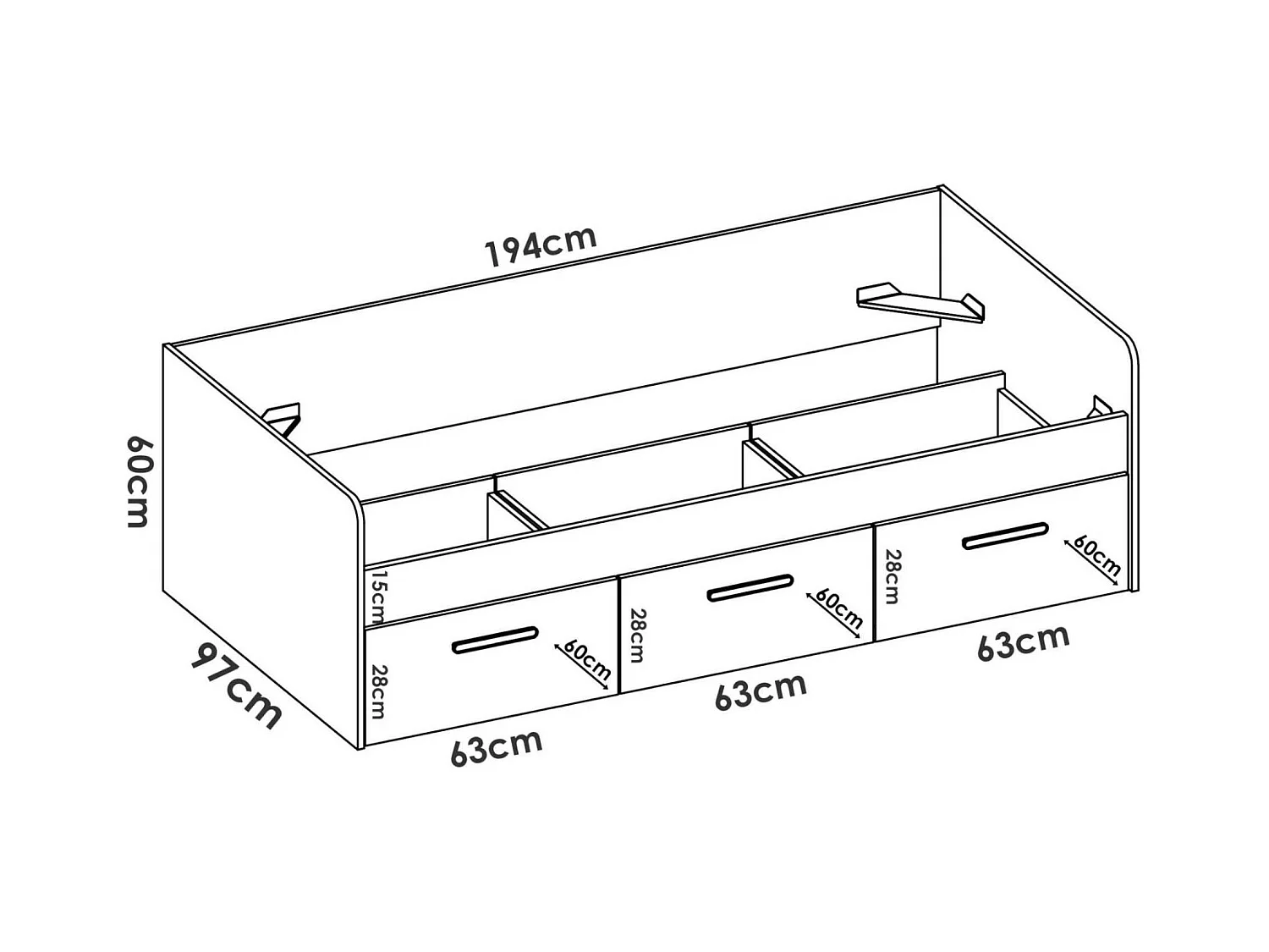 Cama infantil Daabou, Cama contenedor para dormitorio, Estructura para cama individual con 3 cajones, 194x97h60 cm, Blanco