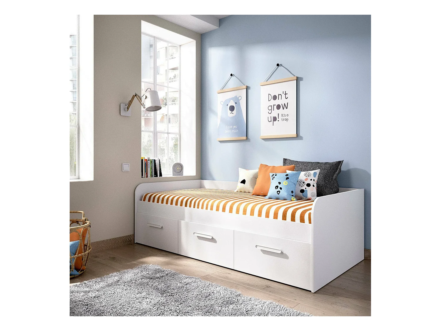 Cama infantil Daabou, Cama contenedor para dormitorio, Estructura para cama individual con 3 cajones, 194x97h60 cm, Blanco