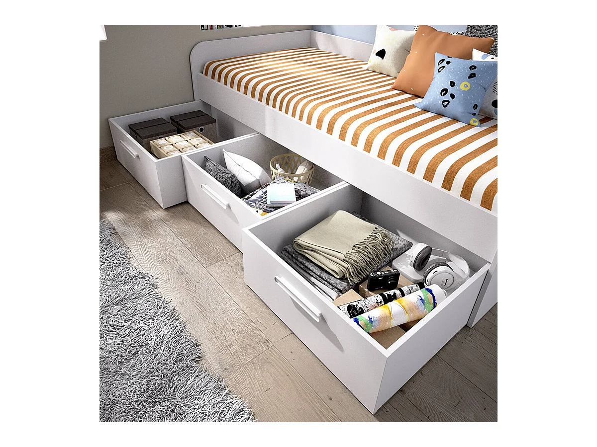 Cama infantil Daabou, Cama contenedor para dormitorio, Estructura para cama individual con 3 cajones, 194x97h60 cm, Blanco