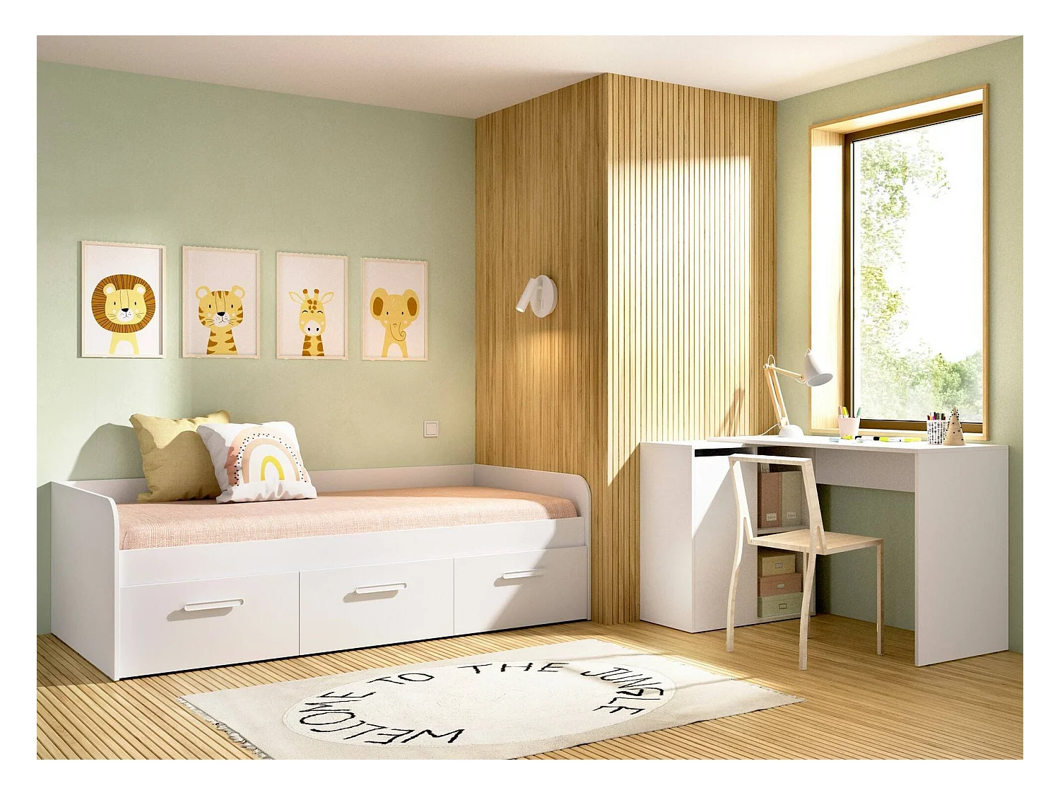 Cama infantil Daabou, Cama contenedor para dormitorio, Estructura para cama individual con 3 cajones, 194x97h60 cm, Blanco