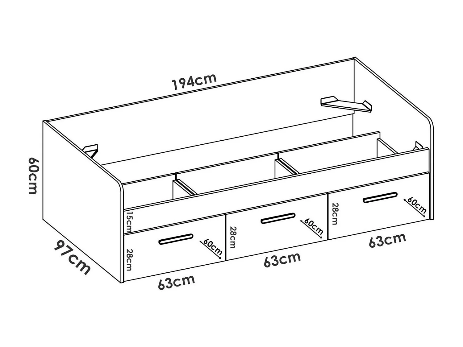 Dmora - Letto per bambini Aco, 194x97h60 cm, Bianco