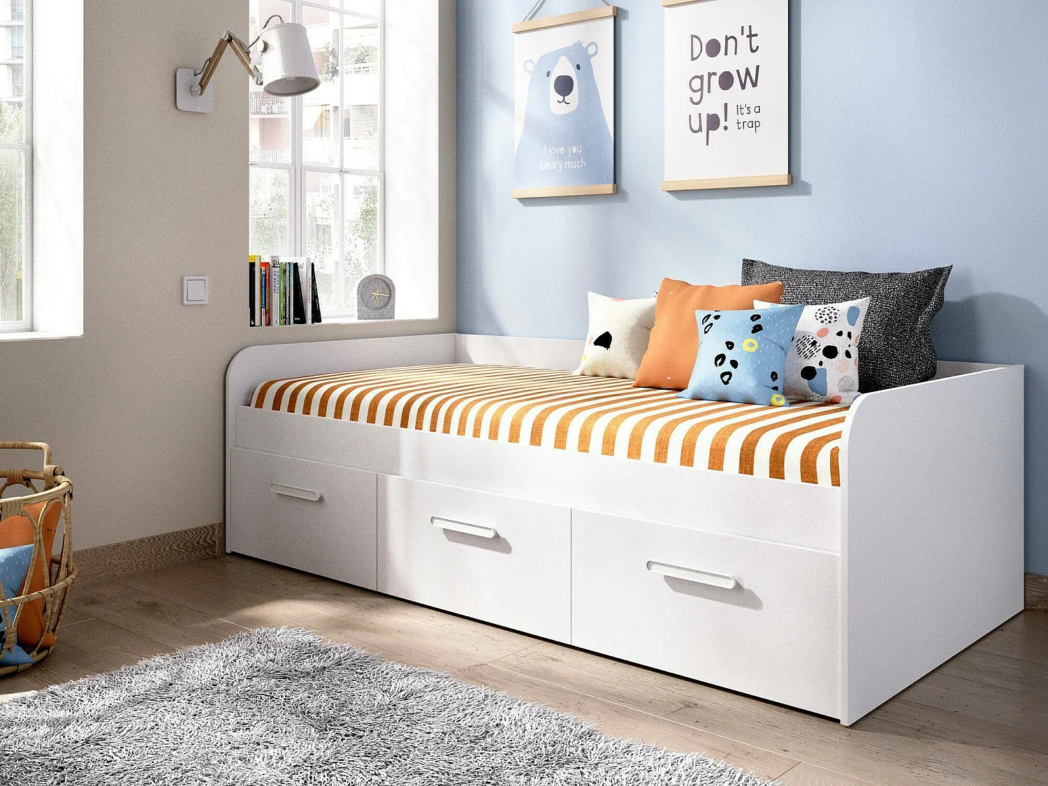 Lit enfant Daabou, Lit coffre pour chambres, Cadre de lit simple avec 3 tiroirs, 194x97h60 cm, Blanc