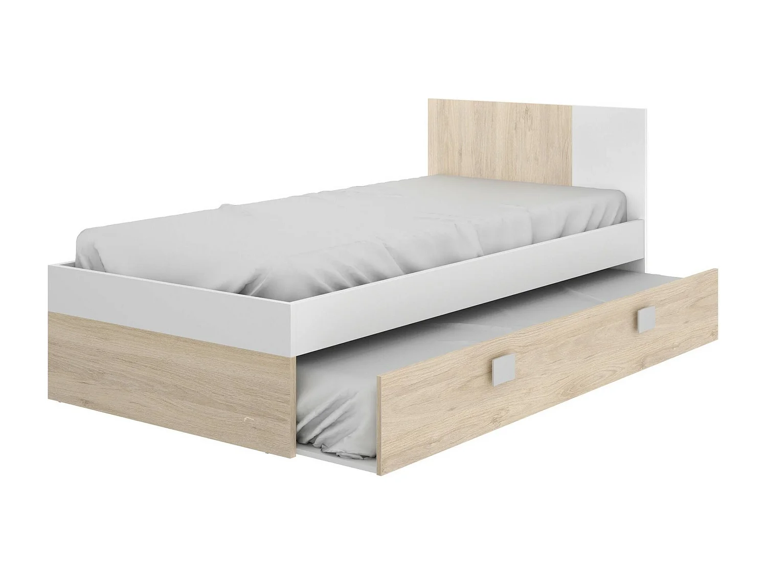 Kinderbett Dcernoi, Struktur mit zweitem Ausziehbett, Einzelbett für Schlafzimmer, 97 x 196 x 79 cm, WeiÃŸ und Eiche