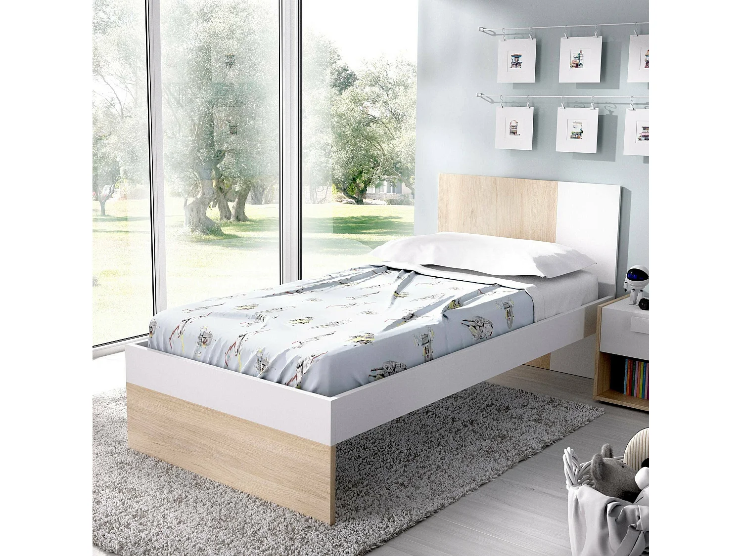 Dcernoi kinderbed, Structuur met tweede uitschuifbaar bed, Eenpersoonsbed voor slaapkamer, 196x97h79 cm, Wit en Eiken