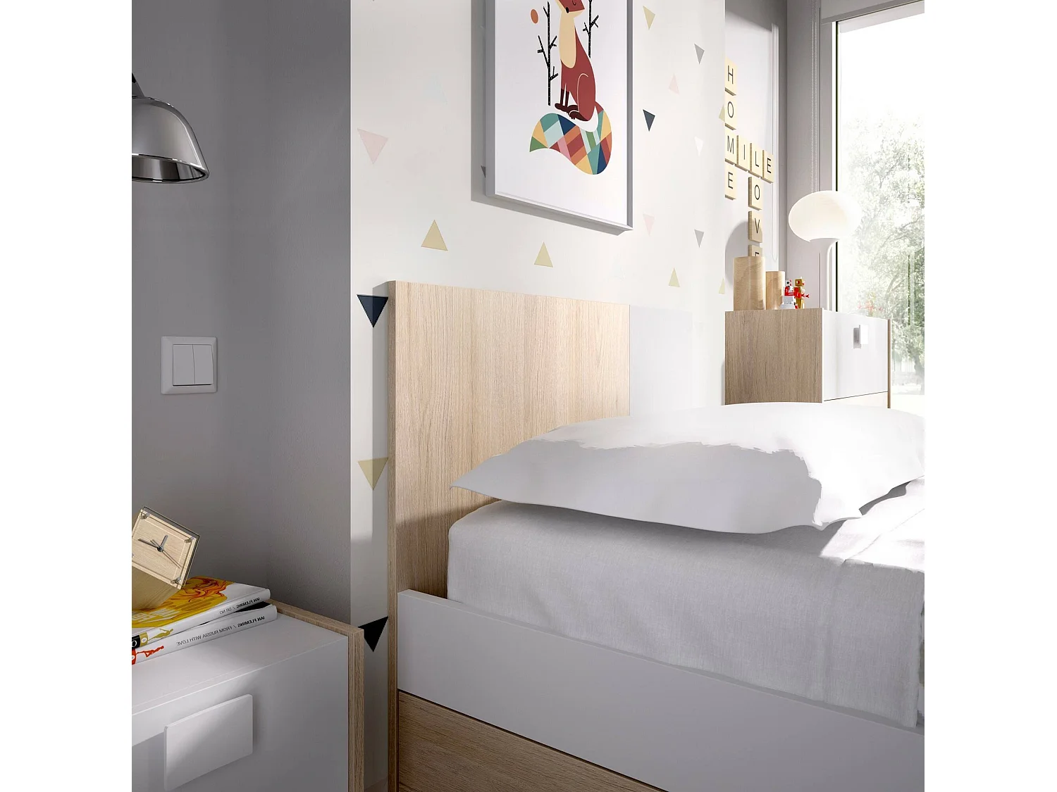 Dcernoi kinderbed, Structuur met tweede uitschuifbaar bed, Eenpersoonsbed voor slaapkamer, 196x97h79 cm, Wit en Eiken