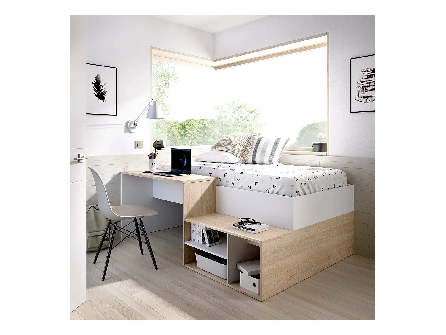 Kinderbett Dbagnat, Einzelbett für Schlafzimmer, Set mit Schreibtisch und Regalen, 134 x 195 x 73 cm, Weiß und Eiche