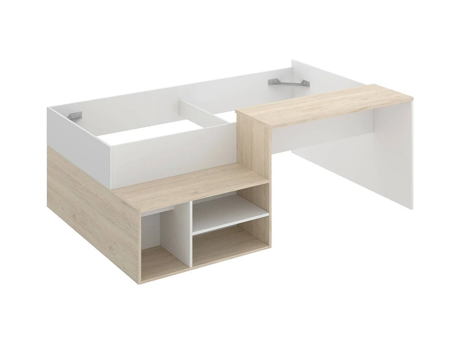 Dbagnat kinderbed, Eenpersoonsbed voor slaapkamer, Set met bureau en planken, 195x134h73 cm, Wit en Eiken