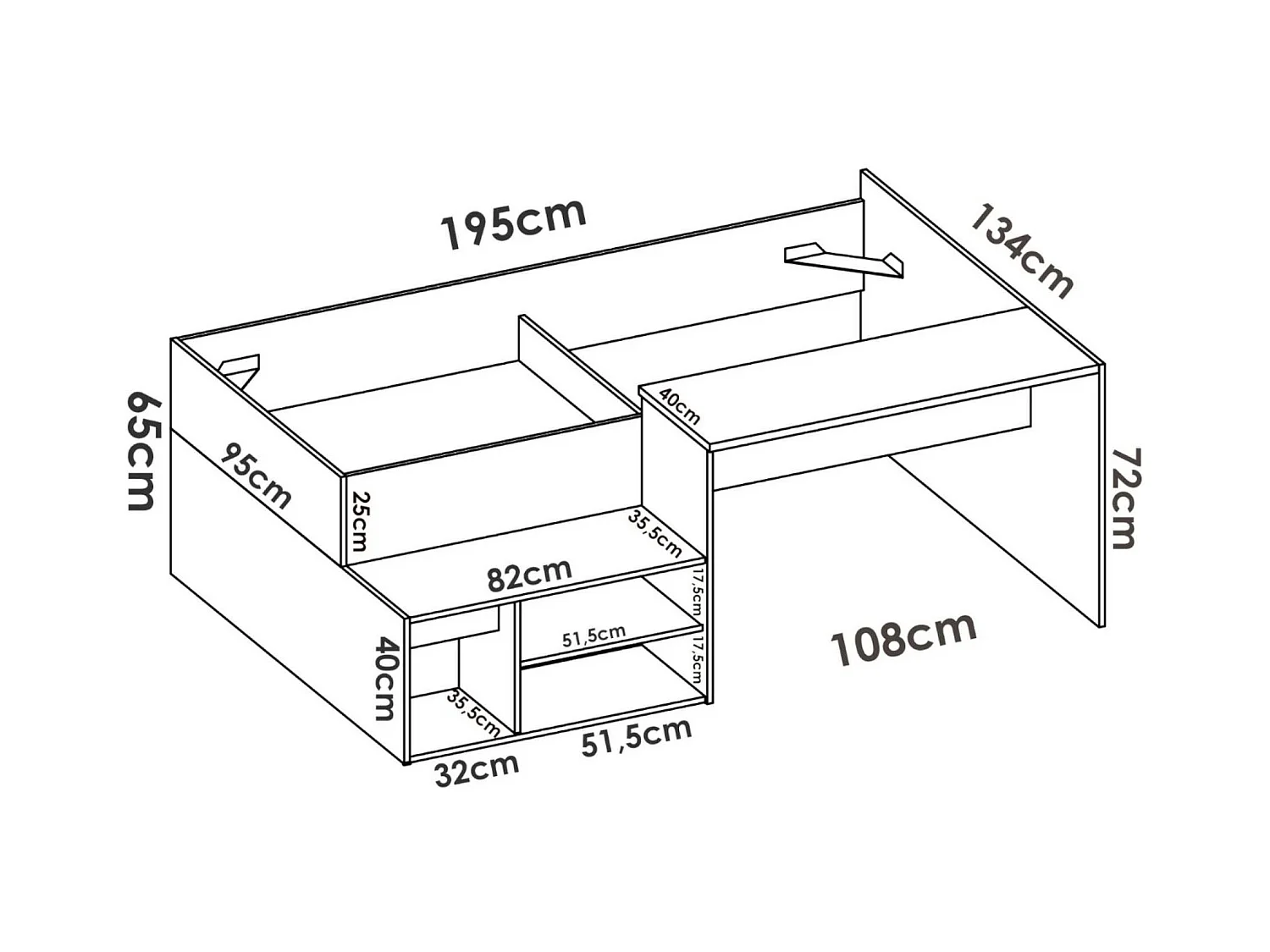 Lit enfant Dbagnat, Lit simple pour chambre, Ensemble avec bureau et étagères, 195x134h73 cm, Blanc et Chêne