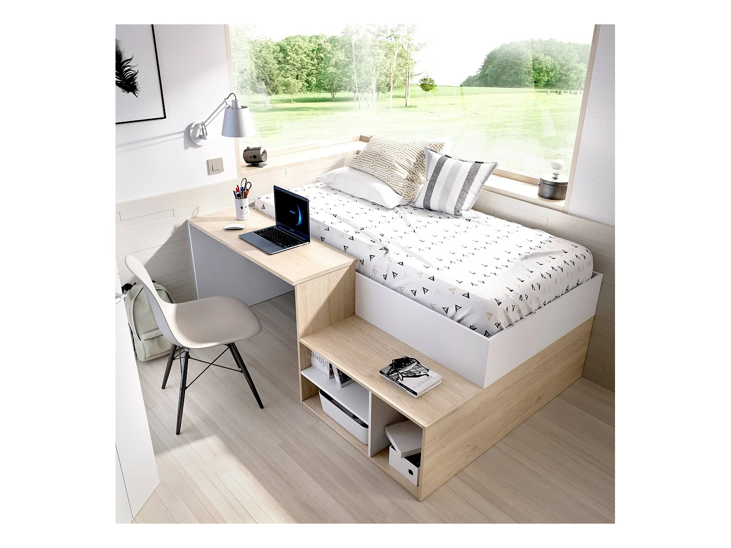 Lit enfant Dbagnat, Lit simple pour chambre, Ensemble avec bureau et étagères, 195x134h73 cm, Blanc et Chêne