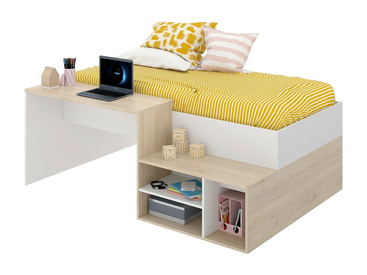 Kinderbett Dbagnat, Einzelbett für Schlafzimmer, Set mit Schreibtisch und Regalen, 134 x 195 x 73 cm, WeiÃŸ und Eiche