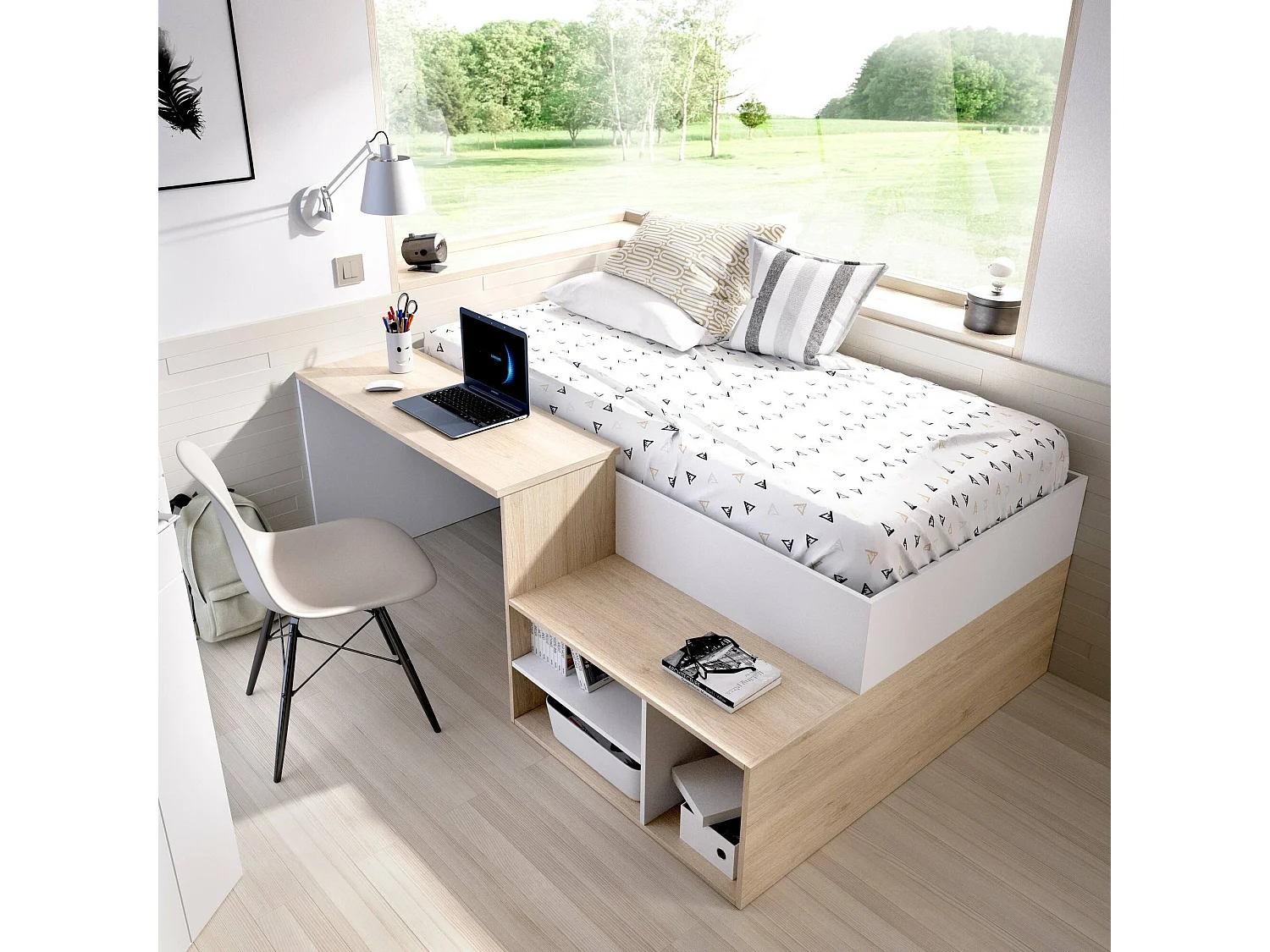 Dmora - Composizione camera da letto Argh, 195x134h73 cm, Bianco e Rovere