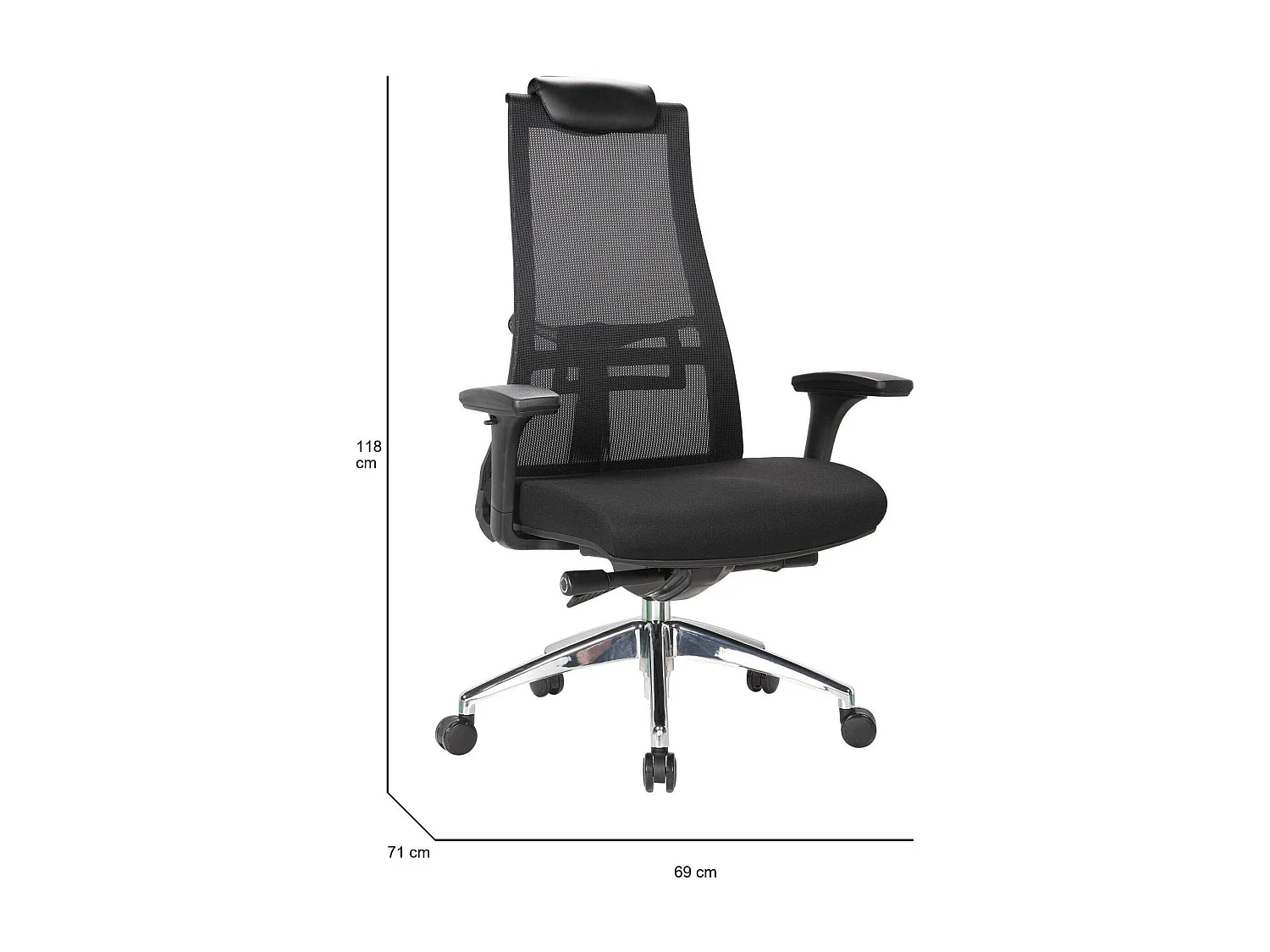 Bürostuhl Dmihail, Chefsessel aus Mesh mit Armlehnen, ergonomischer Bürositz, 71x69h110/118 cm, schwarz