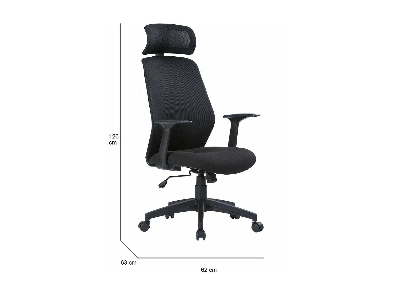 Chaise de bureau Dapril, Fauteuil présidentiel avec accoudoirs et appui-tête, Chaise de bureau ergonomique, 63x62h117/126 cm, Noir