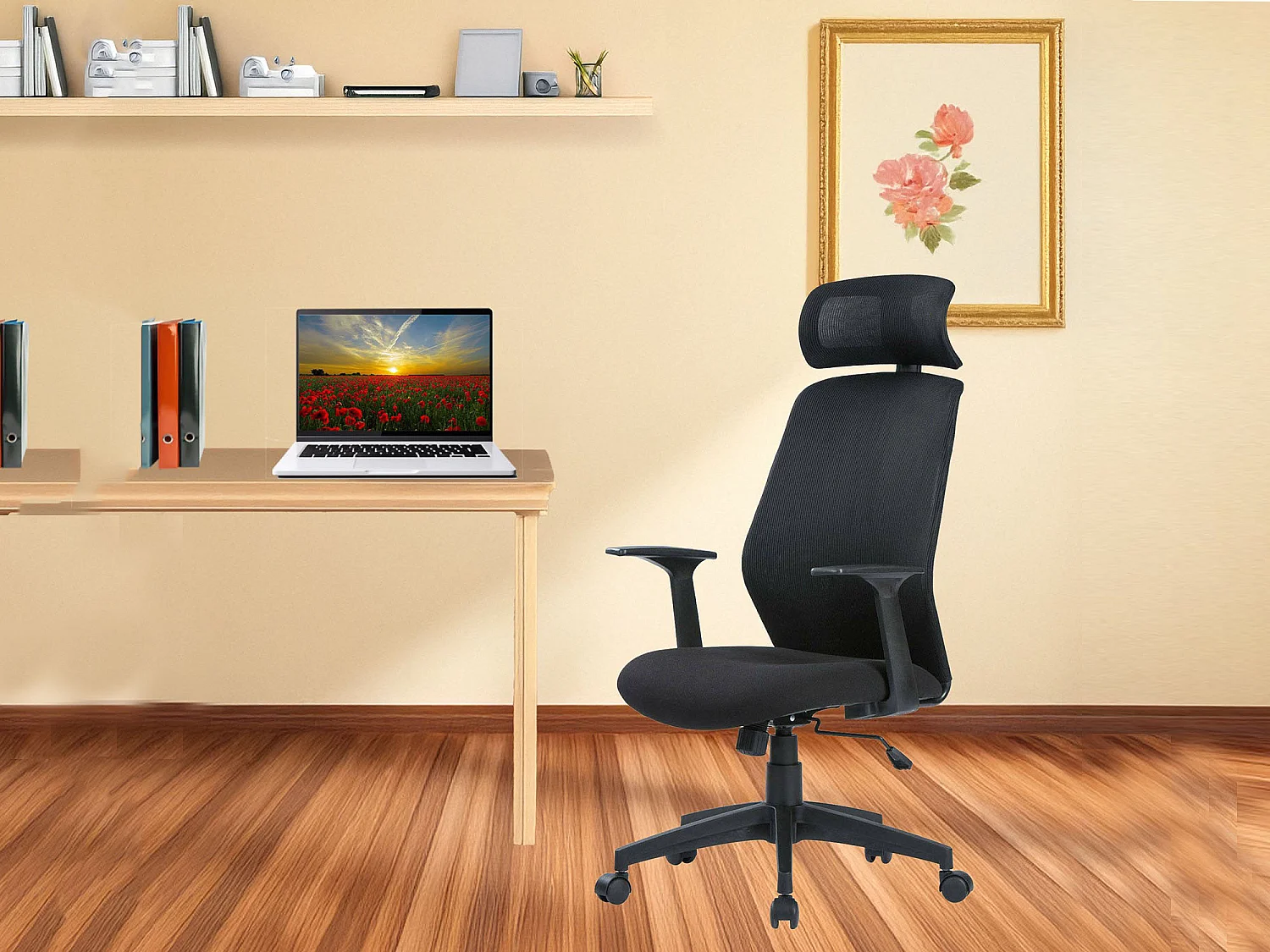 Chaise de bureau Dapril, Fauteuil présidentiel avec accoudoirs et appui-tête, Chaise de bureau ergonomique, 63x62h117/126 cm, Noir