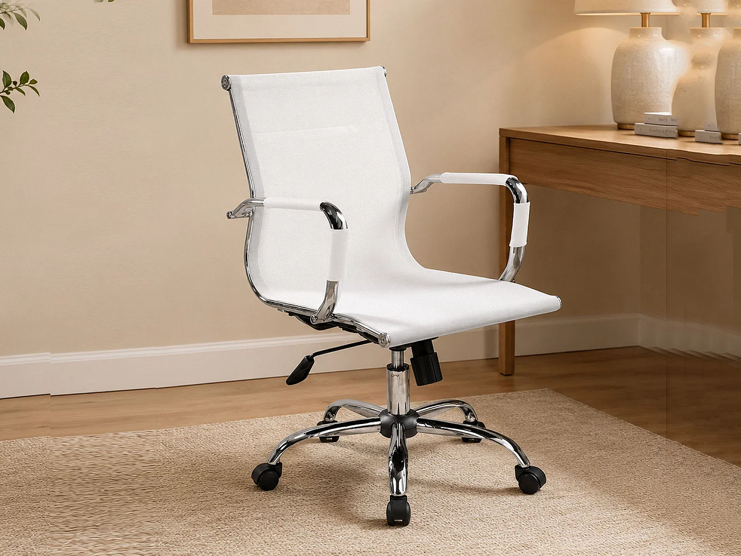 Chaise de bureau Asunik\, Chaise de direction avec accoudoirs, Chaise de bureau ergonomique, Blanc, 62x54h92/102 cm