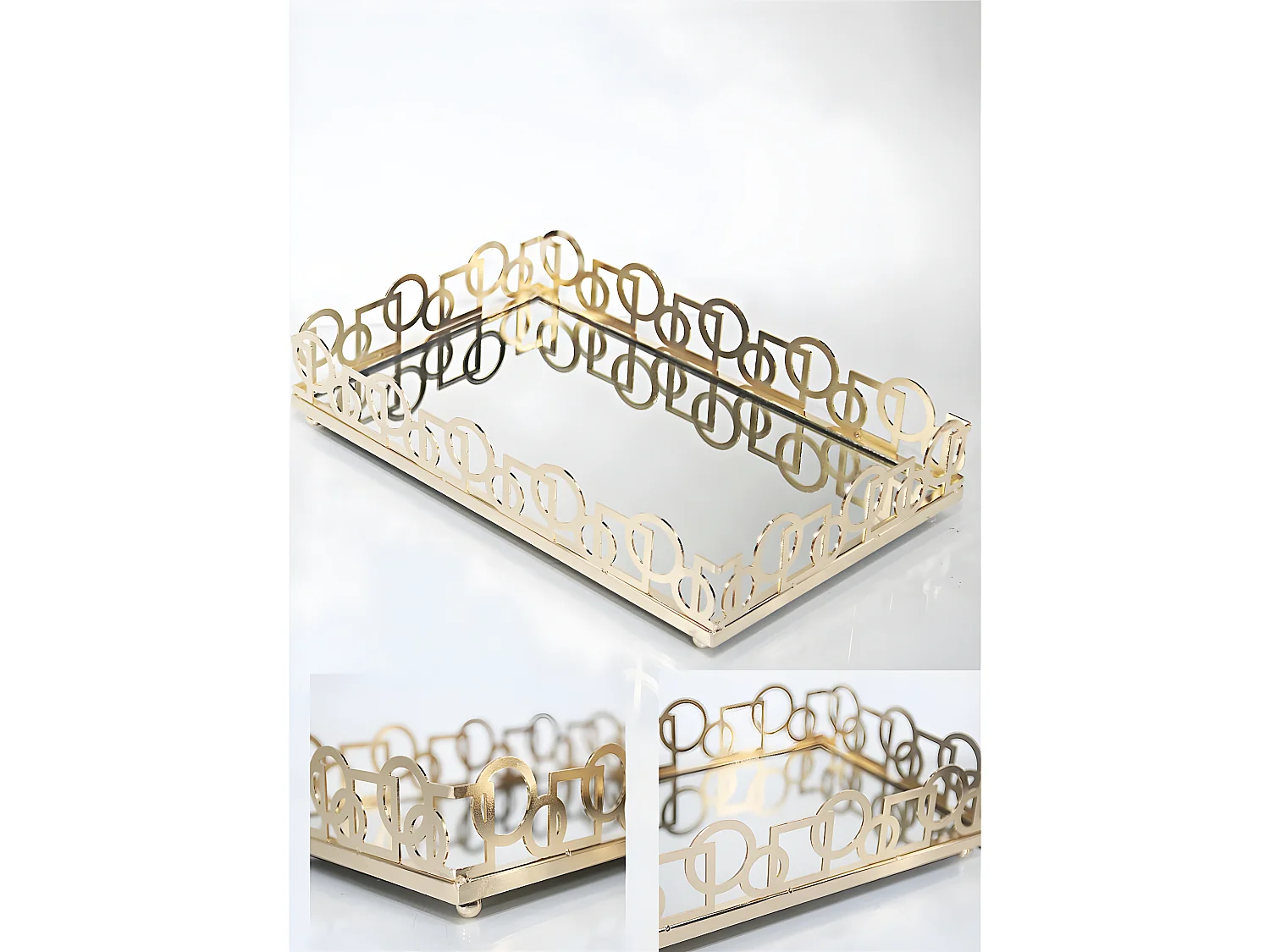 Bandeja 34cm circulos cuadrados metal dorado pierce