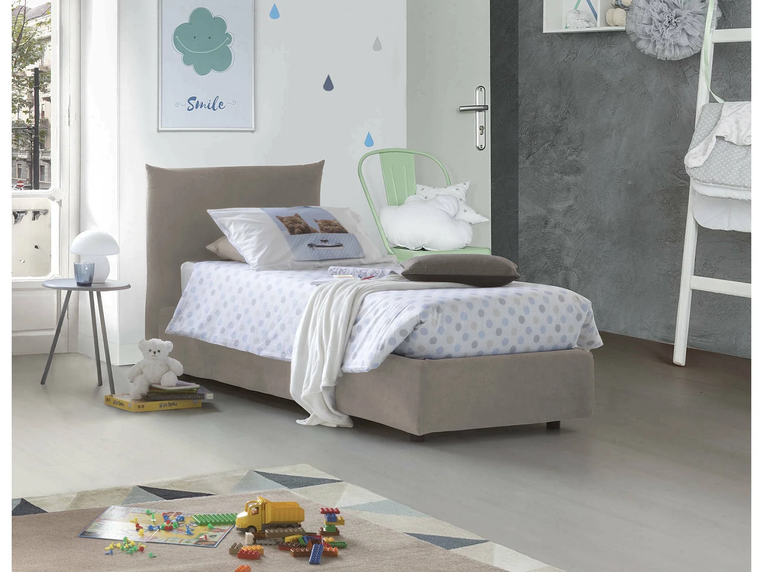 Lit simple Dguagn, lit coffre avec revêtement en tissu, 100% Made in Italy, ouverture latérale, adapté pour matelas 80x190 cm, gris tourterelle