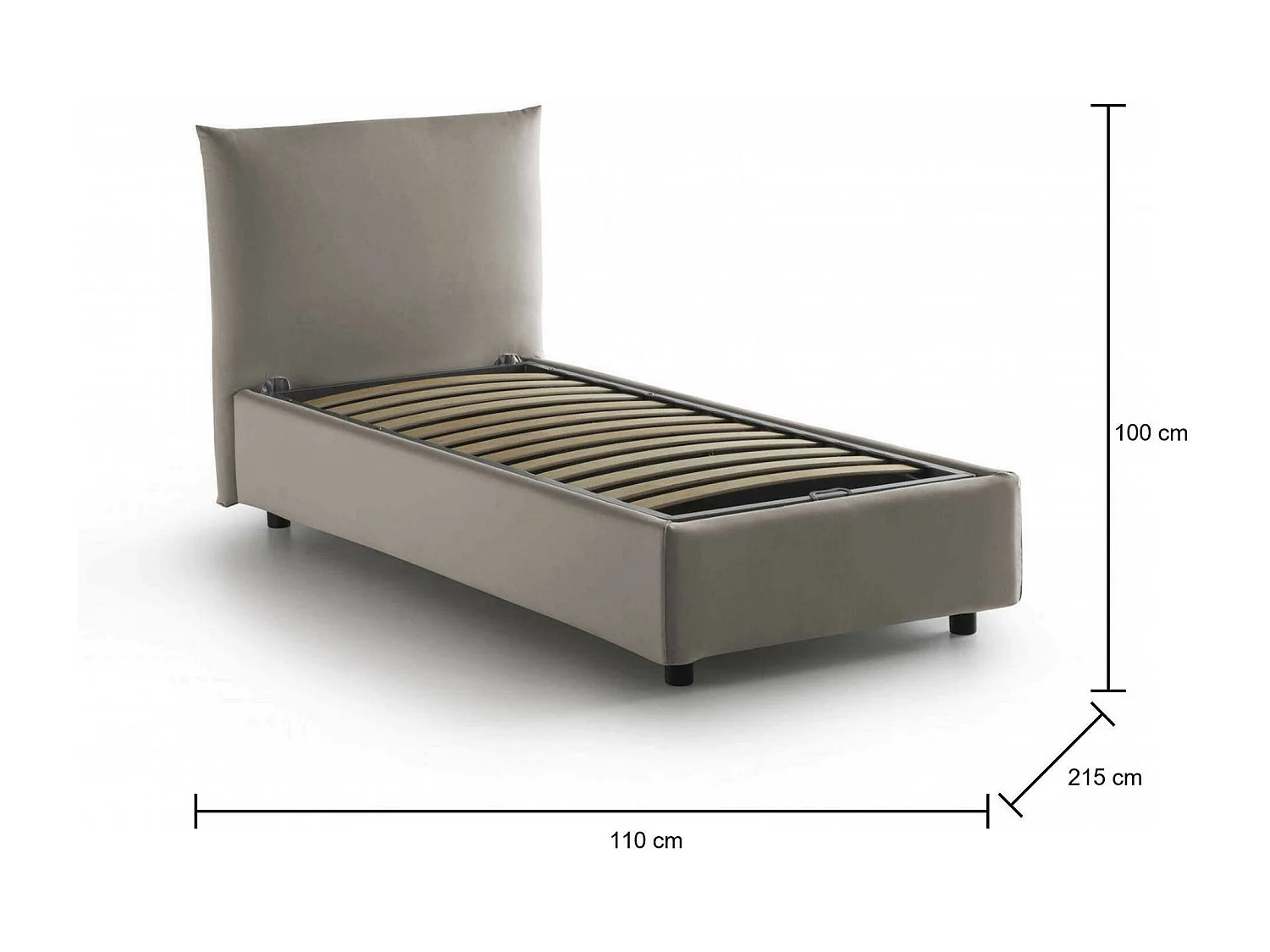 Lit simple Dguagn, lit coffre avec revêtement en tissu, 100% Made in Italy, ouverture latérale, adapté pour matelas 80x190 cm, gris tourterelle