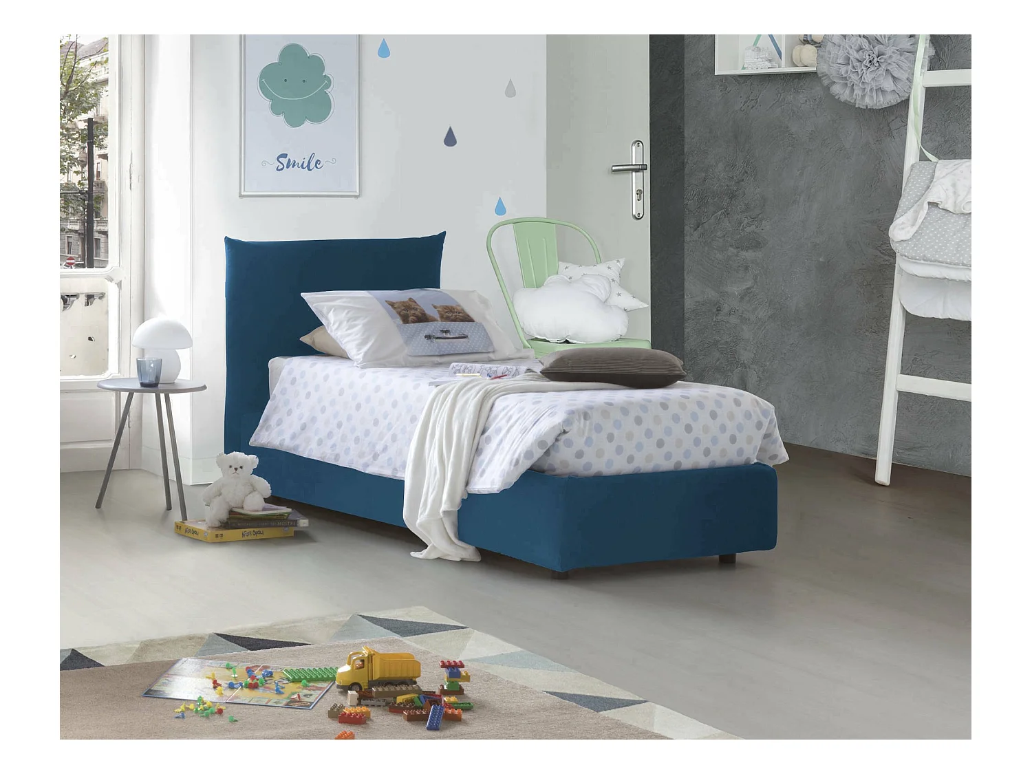 Einzelbett Dguagn, Containerbett mit Stoffbespannung, 100% Made in Italy, Seitliche Öffnung, passend für Matratze 80x190 cm, Blau