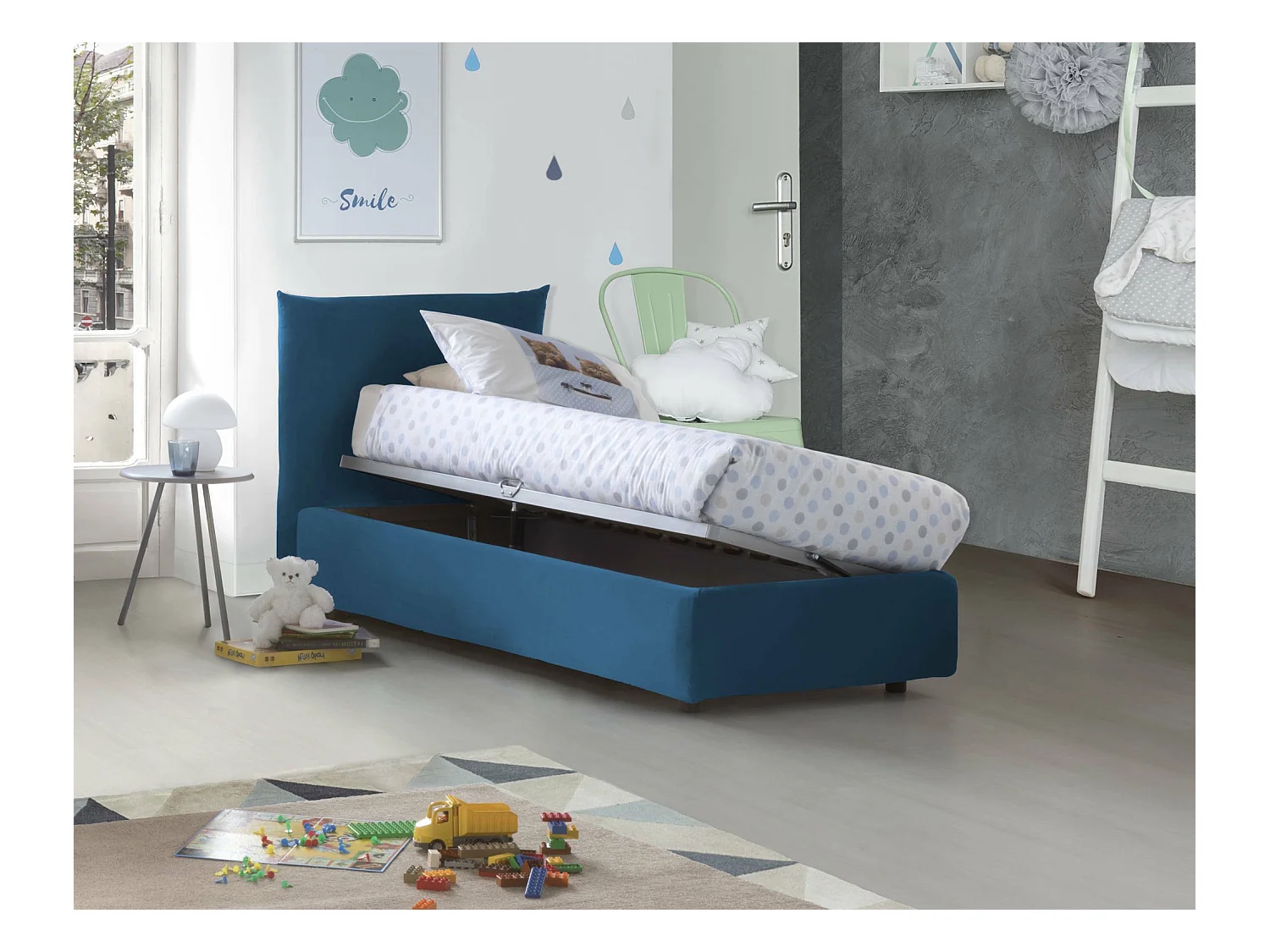 Einzelbett Dguagn, Containerbett mit Stoffbespannung, 100% Made in Italy, Seitliche Öffnung, passend für Matratze 80x190 cm, Blau