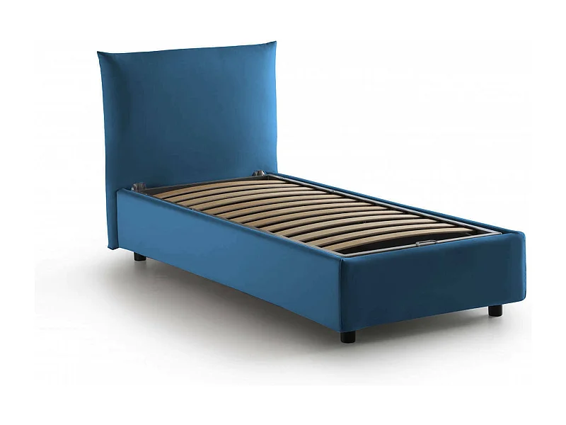 Lit simple Dguagn, Lit coffre avec revêtement en tissu, 100% Made in Italy, Ouverture latérale, adapté pour matelas 80x190 cm, Bleu