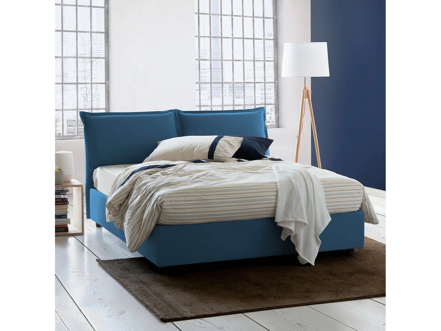 Lit double Dmarin, Lit coffre avec revêtement en tissu, 100% Made in Italy, Ouverture frontale, avec matelas 160x200 cm inclus, Bleu