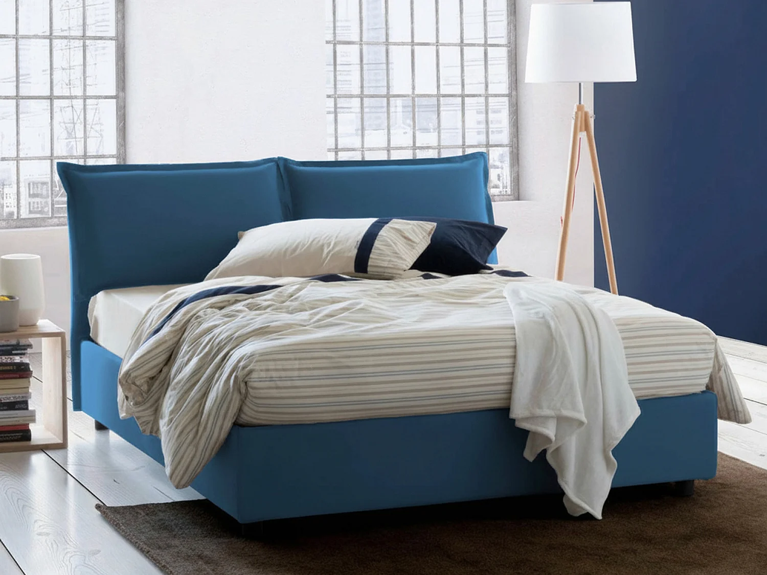 Lit double Dmarin, Lit coffre avec revêtement en tissu, 100% Made in Italy, Ouverture frontale, avec matelas 160x200 cm inclus, Bleu