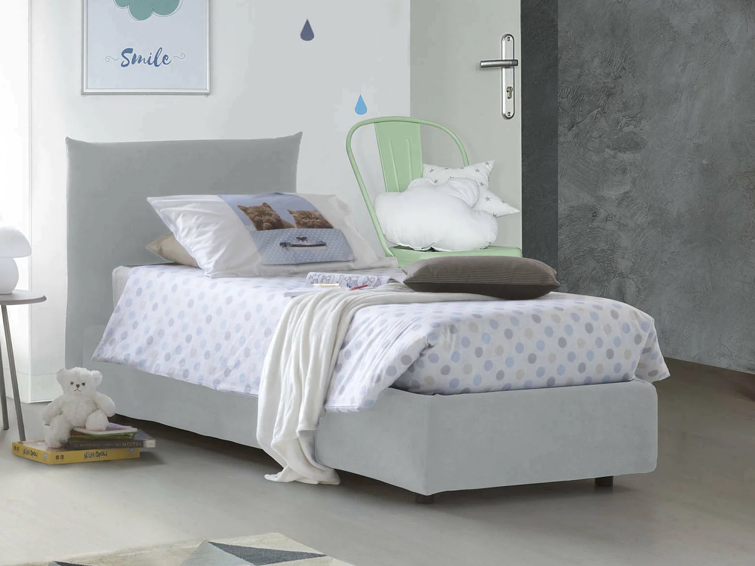 Lit simple Dguagn, Lit coffre avec revêtement en tissu, 100% Made in Italy, Ouverture latérale, adapté pour matelas 80x190 cm, Blanc