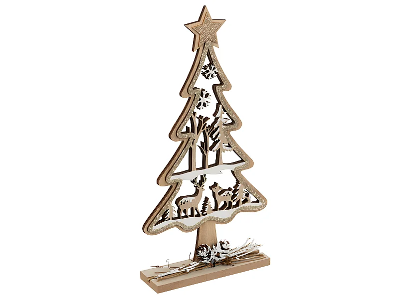 Déco de Noël Sapin en Bois ajouré avec Rennes et Branches L 15.5 x H 28.5 cm