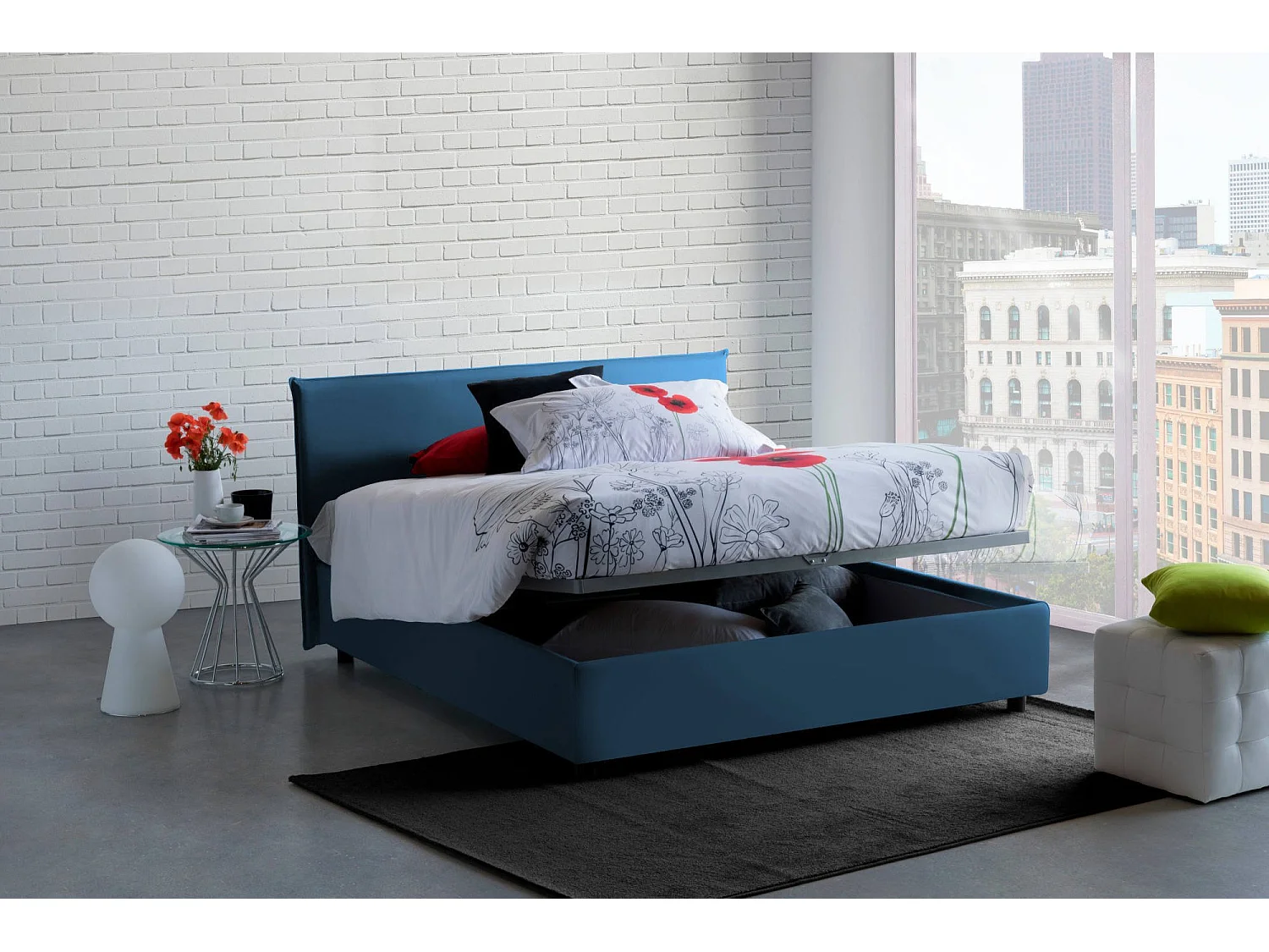 Doppelbett Dangel, Containerbett mit Stoffbespannung, 100% Made in Italy, Frontöffnung, passend für Matratze Cm 160x200, Blau