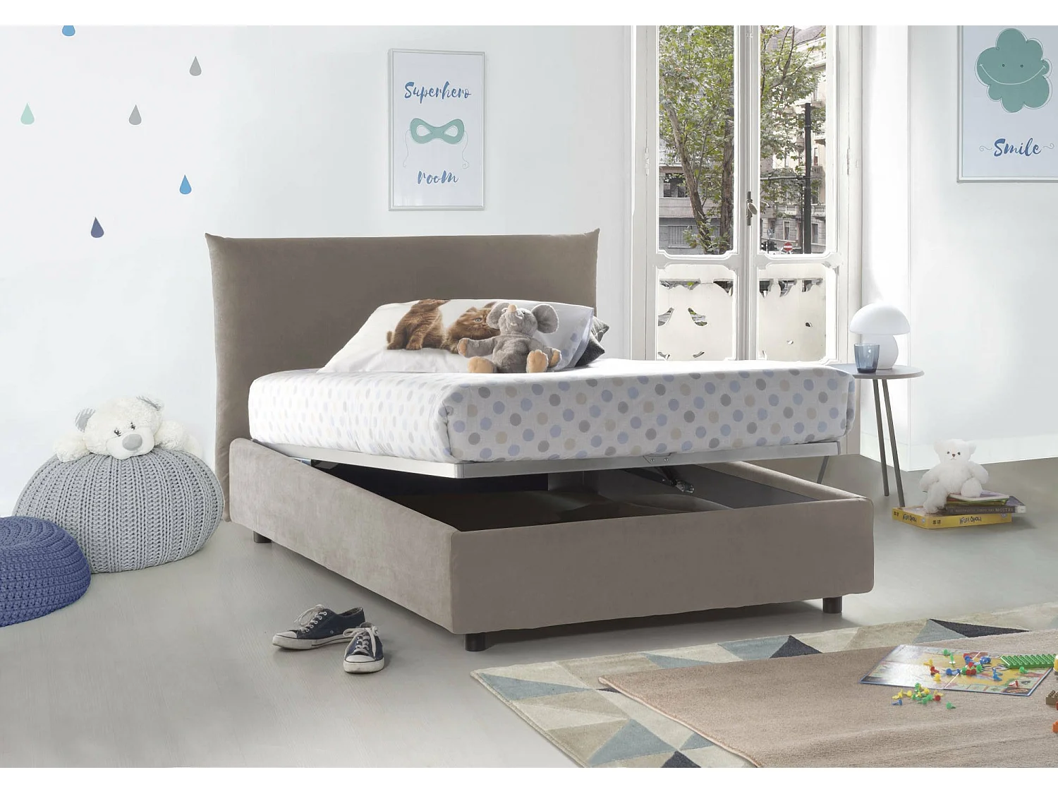 Lit double Dlevant, lit coffre avec revêtement en tissu, 100% Made in Italy, ouverture frontale, adapté pour matelas 120x190 cm, gris tourterelle