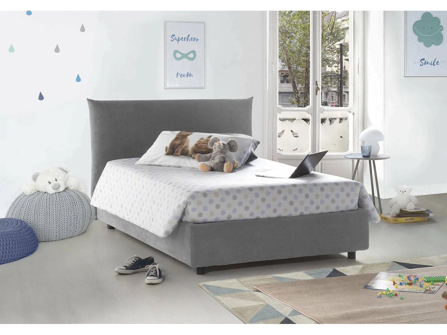 Lit double Dlevant, lit coffre avec revêtement en tissu, 100% Made in Italy, ouverture frontale, adapté pour matelas 120x190 cm, gris