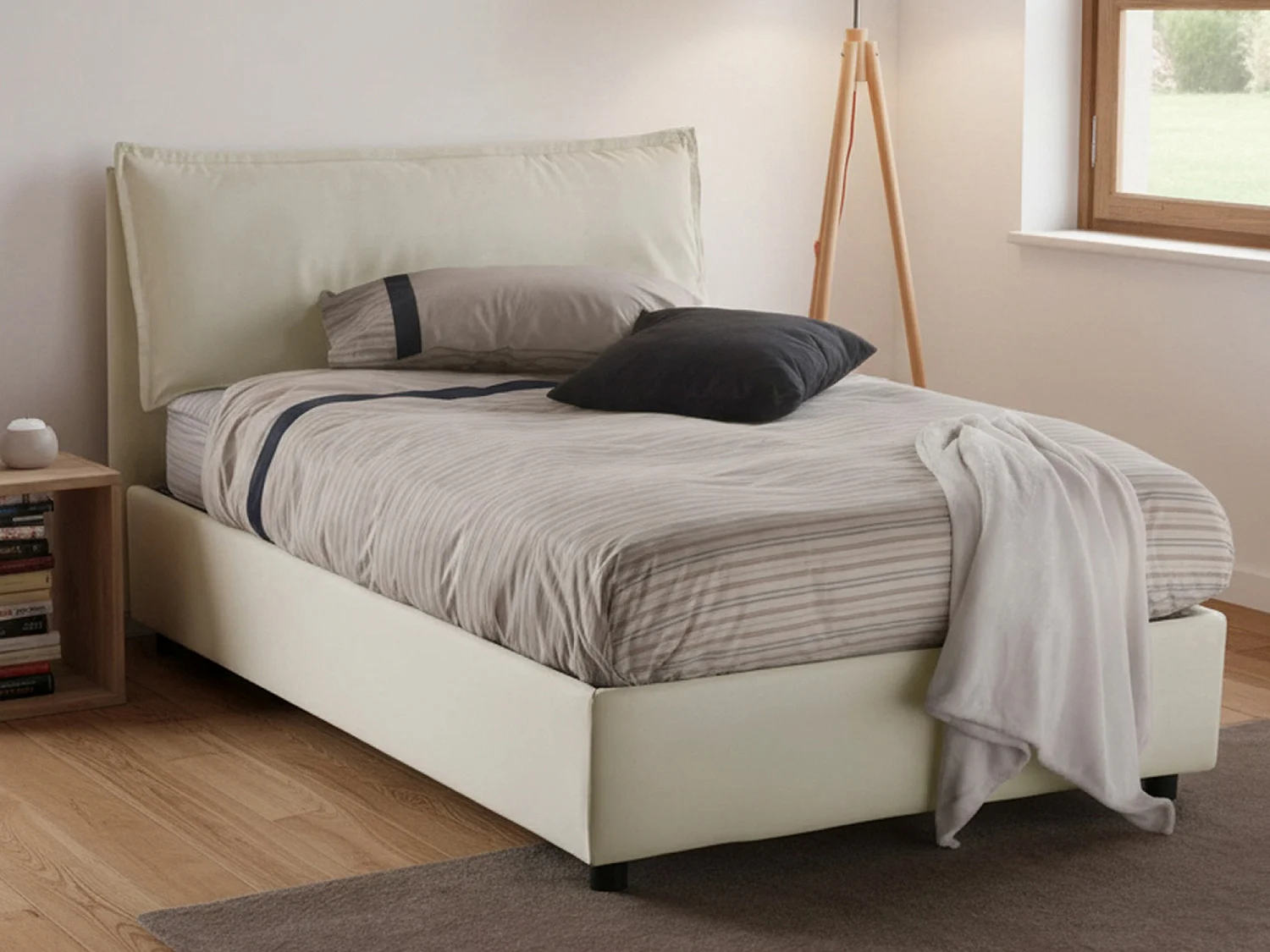 Lit double Dcasade, Lit coffre avec revêtement en tissu, 100% Made in Italy, Ouverture frontale, avec matelas 120x190 cm inclus, Beige