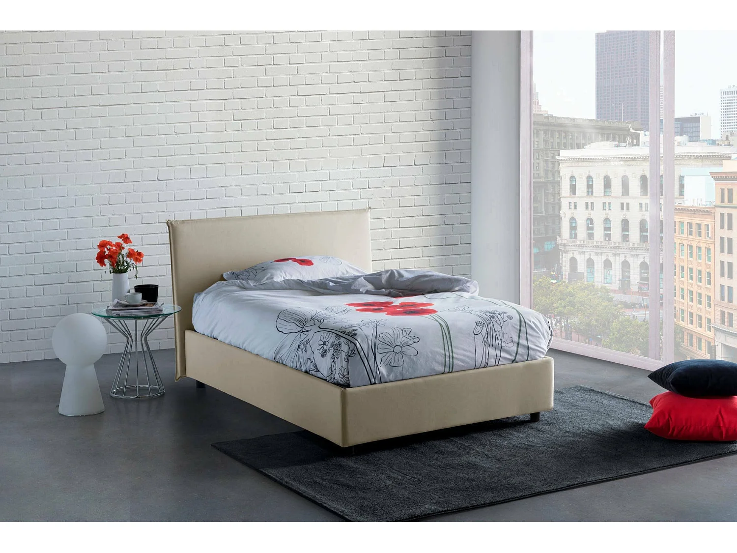 Lit double Daceret, lit coffre avec revêtement en tissu, 100% Made in Italy, ouverture frontale, avec matelas 120x190 cm inclus, Beige