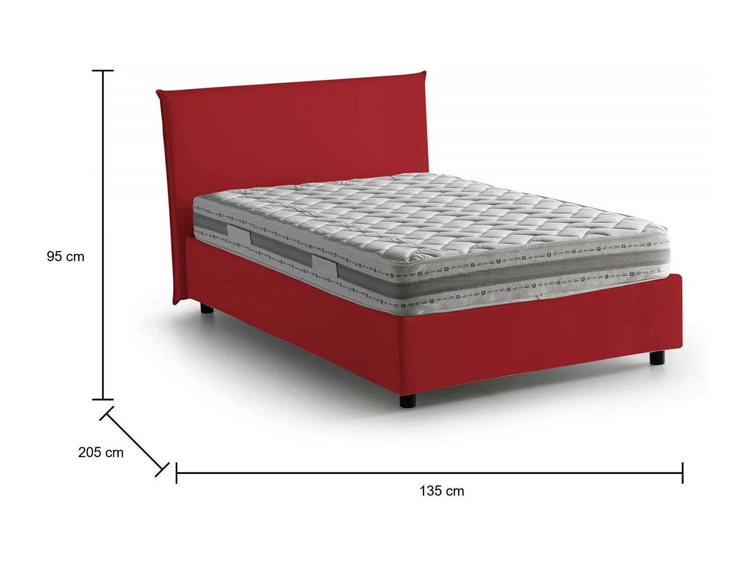 Cama de casal Daceret, Cama de armazenamento com forro de tecido, 100% Fabricado na Itália, Abertura frontal, com colchão 120x190 cm incluído, Vermelho