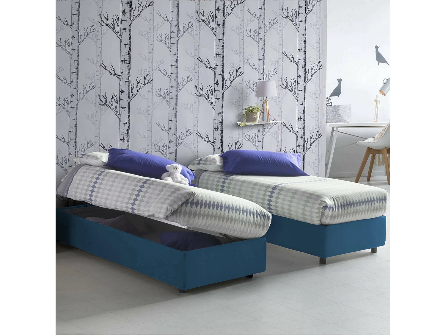 Lit simple Dcassan, Lit coffre avec revêtement en tissu, 100% Made in Italy, Ouverture latérale, avec matelas 80x190 cm inclus, Bleu