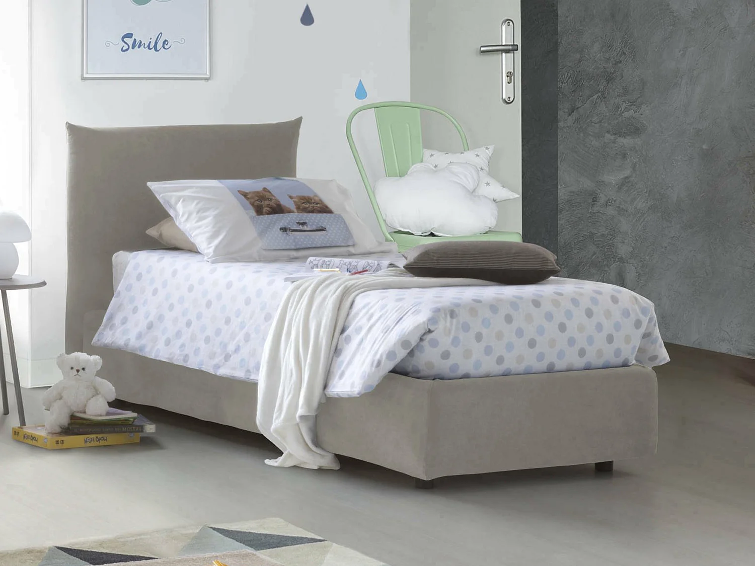 Dborbe eenpersoonsbed, Opbergbed met stoffen bekleding, 100% Made in Italy, Zijopening, inclusief matras 80x190 cm, Beige