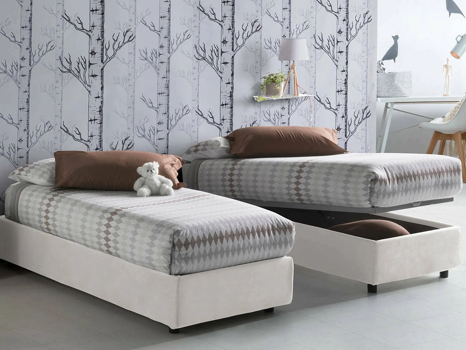 Dabate eenpersoonsbed, Opbergbed met stoffen bekleding, 100% Made in Italy, Opening aan de voorkant, inclusief matras van 80x190 cm, Wit