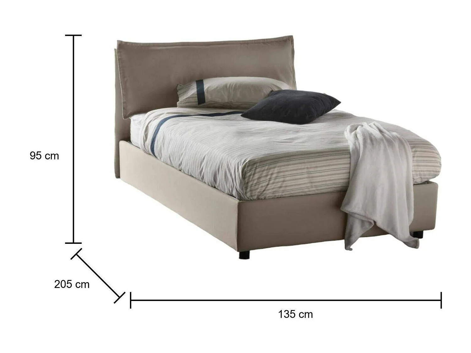 Cama de plaza y media Dcasade, Cama contenedor con revestimiento de tela, 100% Made in Italy, Apertura frontal, con colchón Cm 120x190 incluido, Tórtola