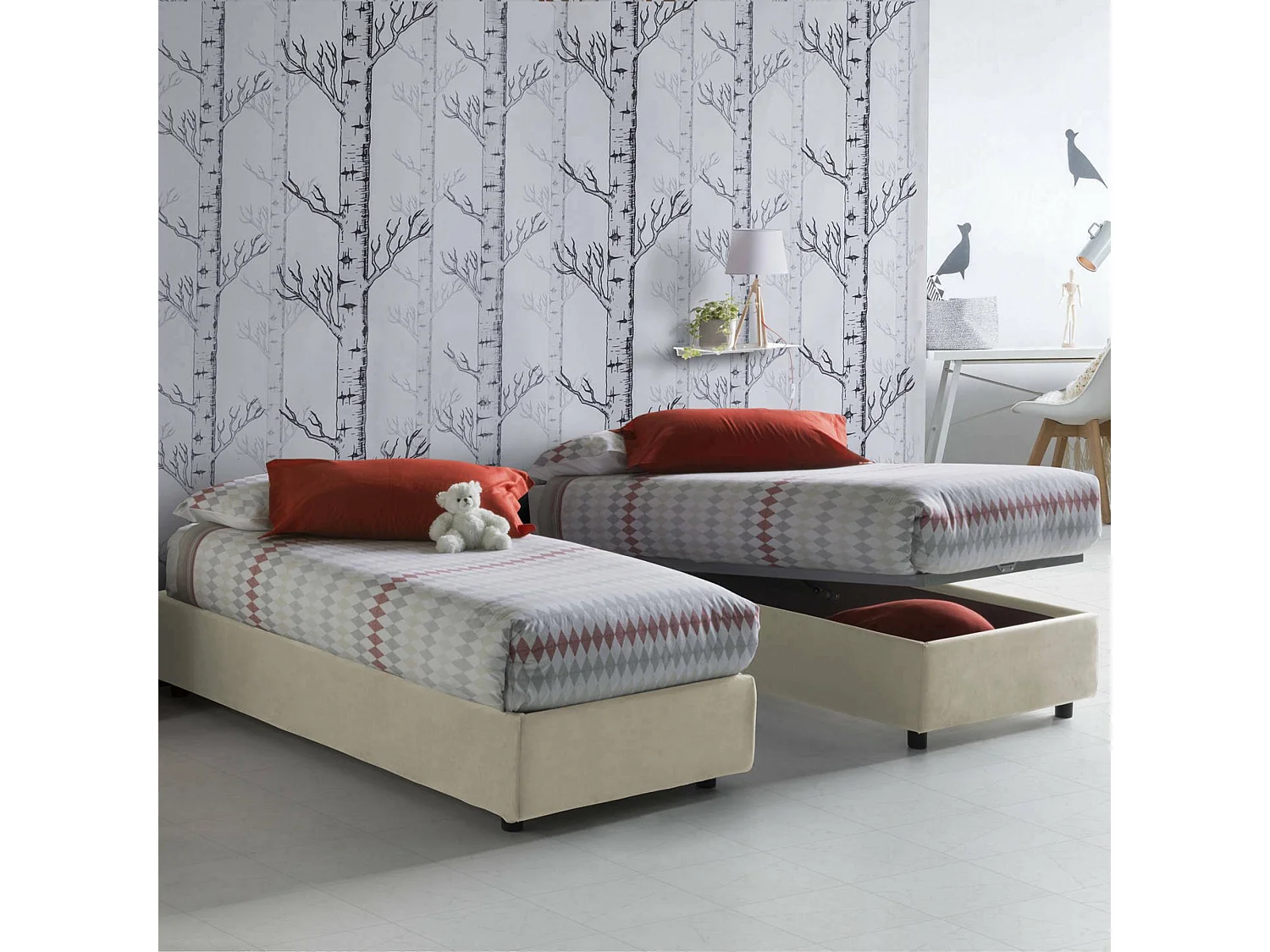 Lit simple Dabate, Lit coffre avec revêtement en tissu, 100% Made in Italy, Ouverture frontale, avec matelas 80x190 cm inclus, Beige