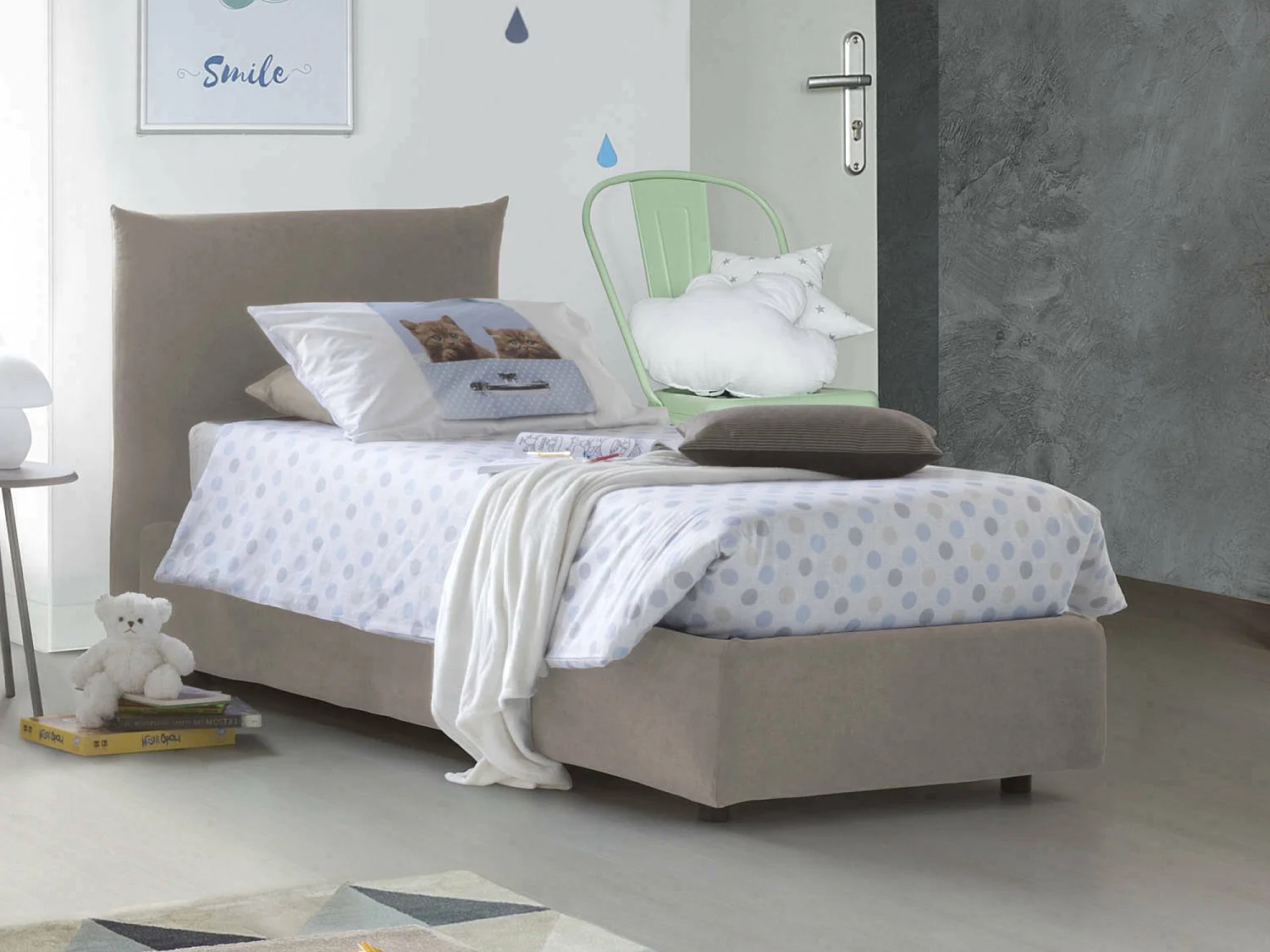 Letto Singolo Astianatte, Materasso Incluso Made in Italy, 110x215 cm Grigio Tortora