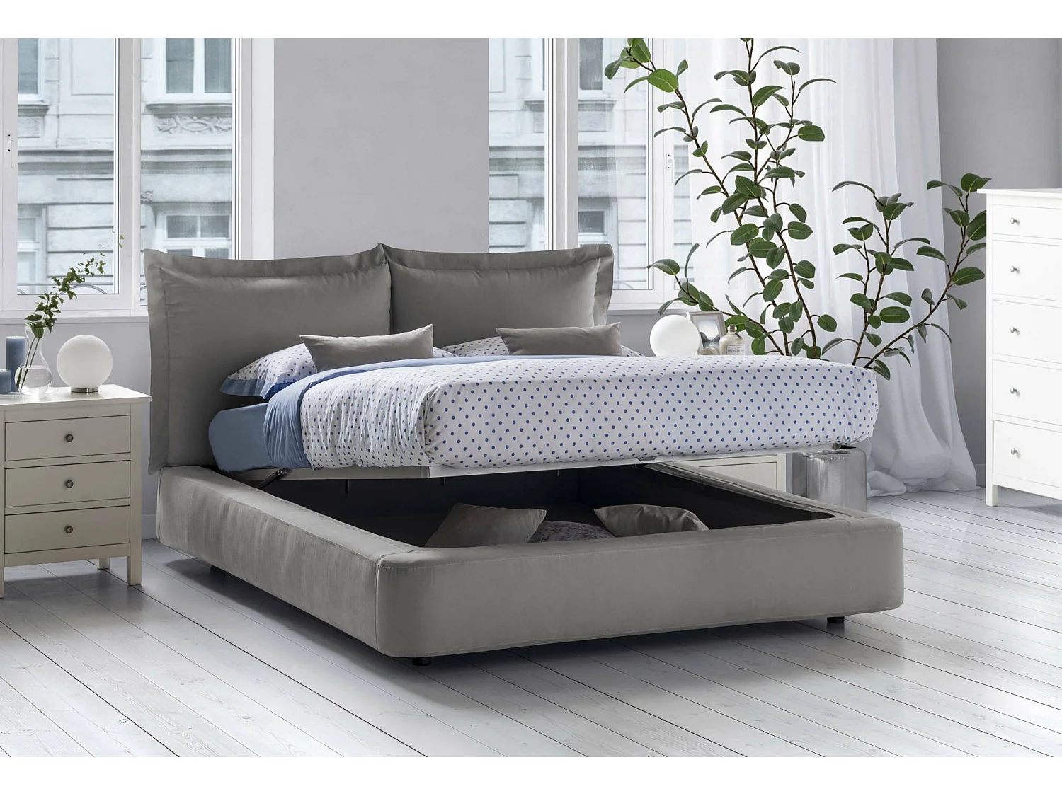 Cama de casal Dbonn, Cama de armazenamento com forro de tecido, 100% Fabricado na Itália, Abertura frontal, adequada para colchão de 160x190 cm, Cinza