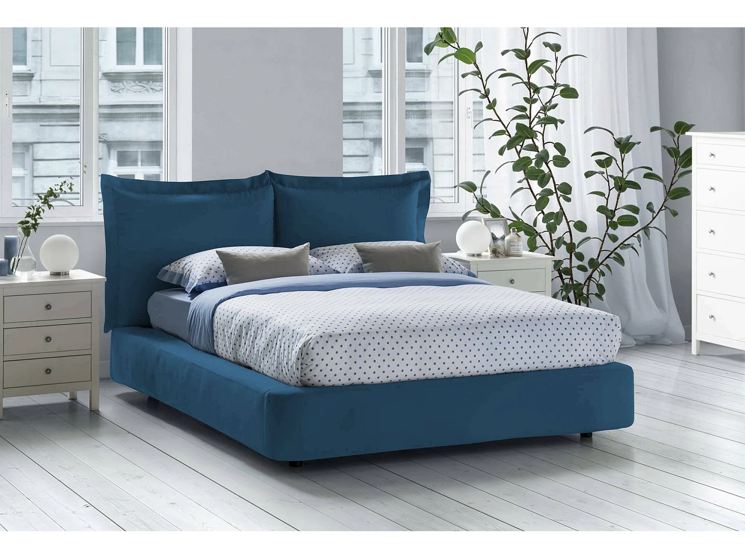 Cama de casal Dbonn, Cama de armazenamento com forro de tecido, 100% Fabricado na Itália, Abertura frontal, adequada para colchão de 160x190 cm, Azul