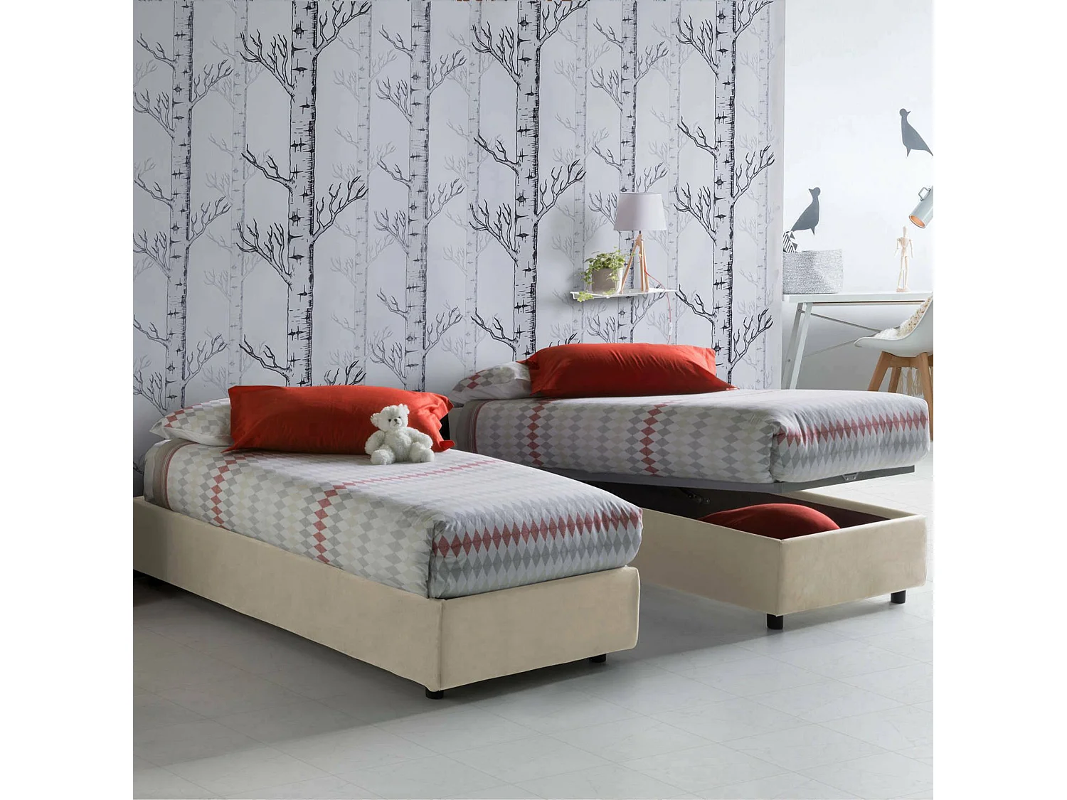 Lit simple Dacerb, Lit coffre avec revêtement en tissu, 100% Made in Italy, Ouverture frontale, adapté pour matelas 80x190 cm, Beige