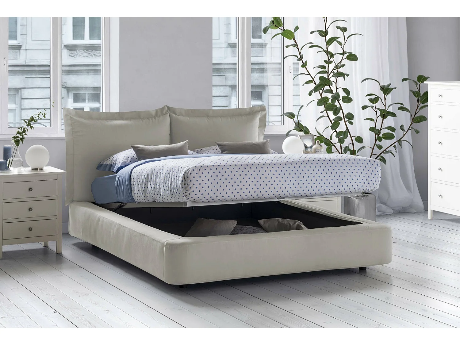 Dbonn tweepersoonsbed, Opbergbed met stoffen bekleding, 100% Made in Italy, Opening aan de voorkant, geschikt voor matras van 160x190 cm, Beige