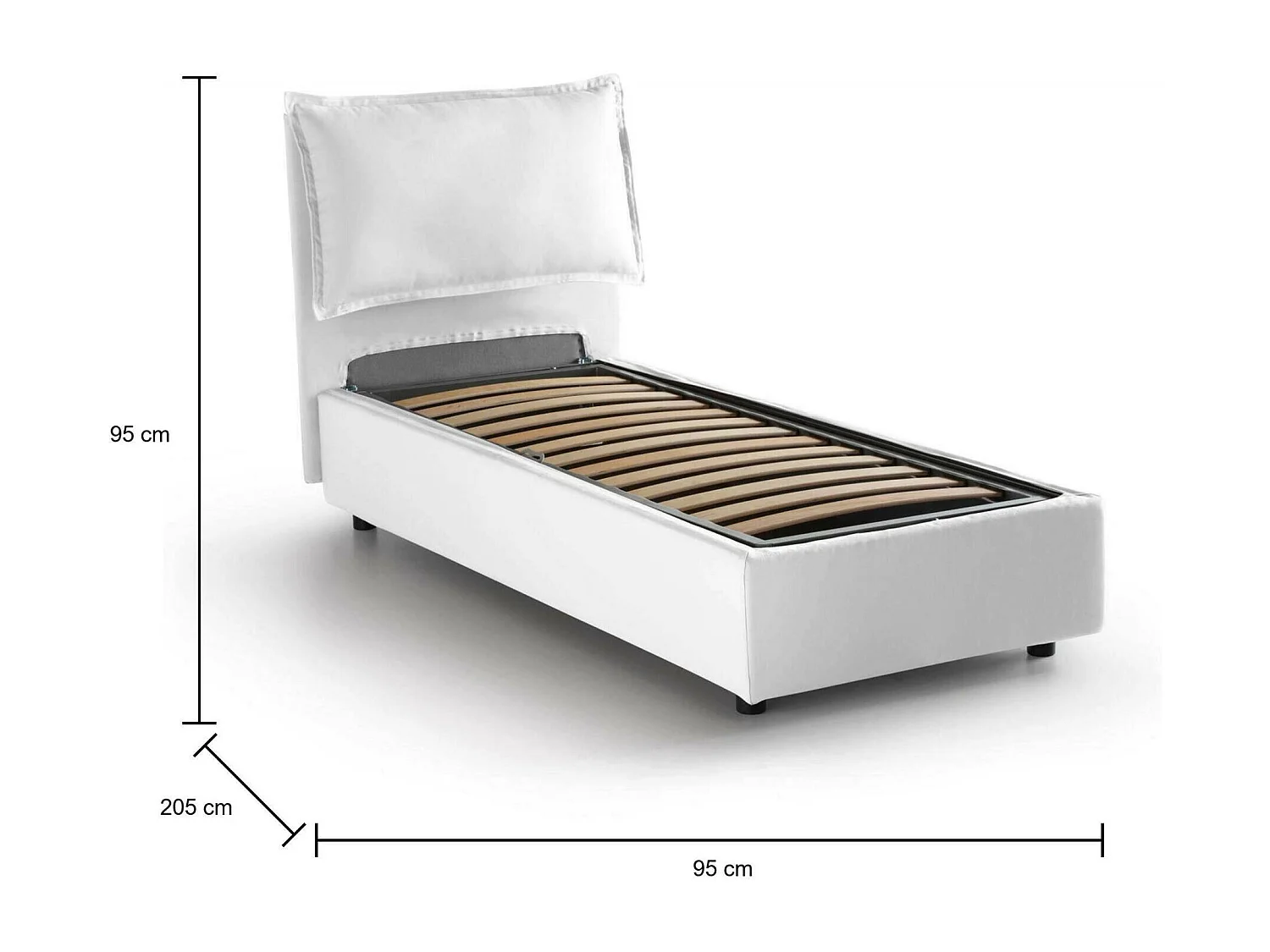 Cama de solteiro Dgjyl, Cama de armazenamento com forro de tecido, 100% Fabricado na Itália, Abertura lateral, adequada para colchão 80x190 cm, Branco